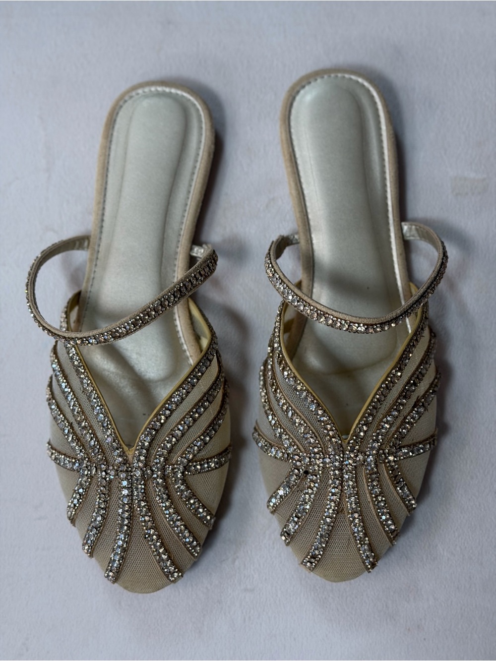 Embellished Champagne Women's Slip-On Sandals with Crystal Straps